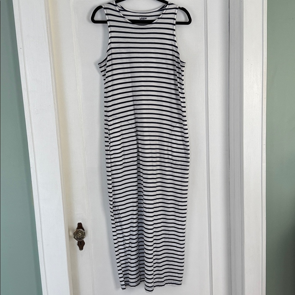 Lands' End Navy and White Striped Maxi Dress